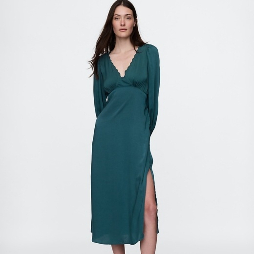 GAP Teal Scallop V-Neck Long-Sleeve Midi Dress